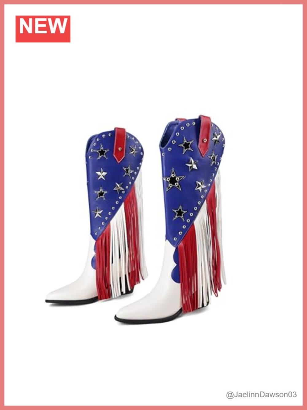 Women's Western Fringe Studded Pointed Toe Chunky Heel Pull-On Mid-Calf Boots